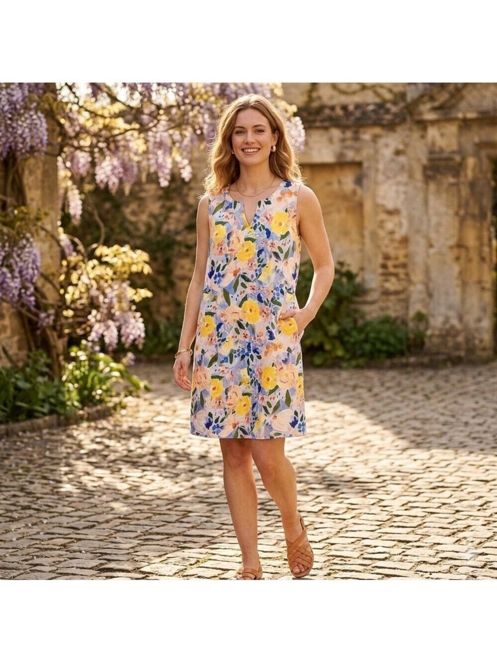 Foil Sun-Sational Linen Sleeveless Dress Size 8 Floral Multicolour